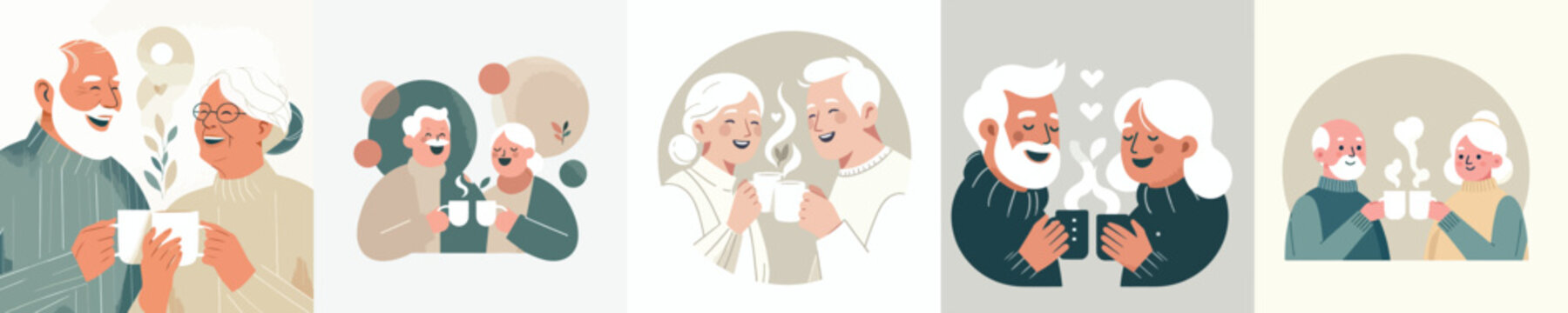 vector old couple drinking warm coffee together at Christmas