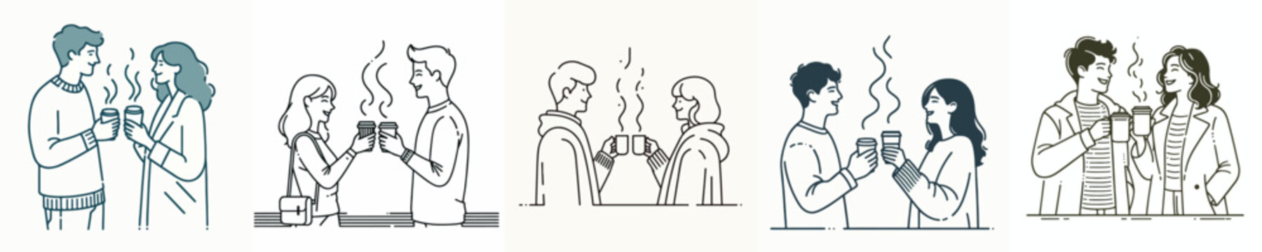 vector line art of couple drinking warm coffee together at Christmas