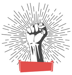 Rised fist hand gesture emblem. Vector hand clenched into fist and rising up, symbol isolated on white background. Power sign. Human hand up in the air