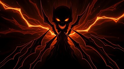 Dark fantasy fire demon character illustration with glowing eyes and dramatic fiery energy