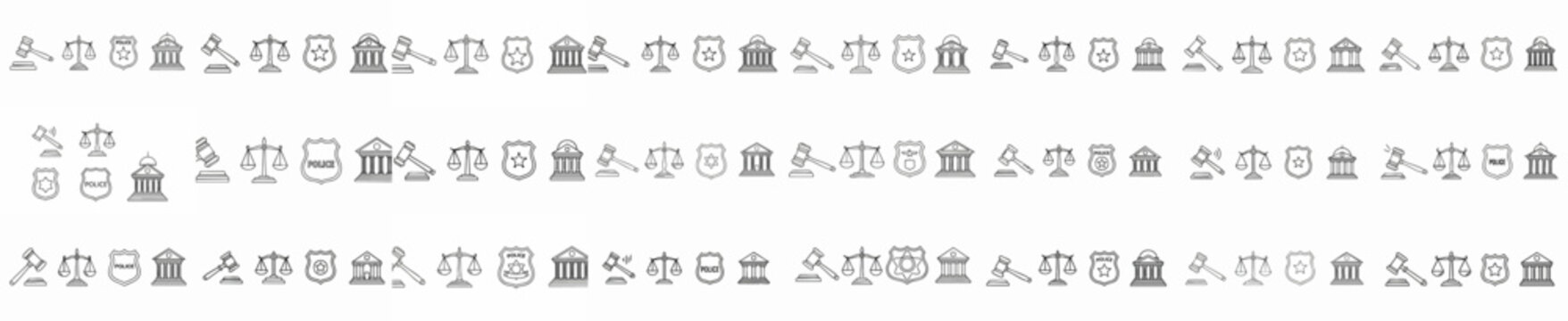 Seamless linear pattern of law and justice icons, featuring gavels, scales, police badges, and courthouse buildings, symbolizing legal authority and order.