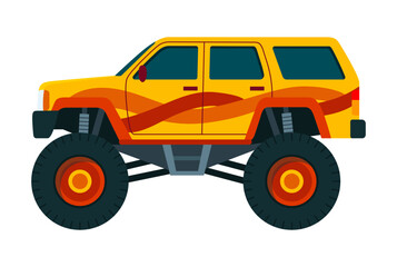 Monster truck. Bright colorful cartoon auto with big wheels. Heavy car with large tires and black tinted windows. Isolated rally 4x4 computer or mobile game © designer_things