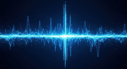 A dynamic blue sound wave visualization made of glowing particles, representing audio, music, frequency, and digital signal processing