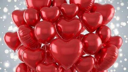 Cluster of shiny red heart shaped balloons on sparkling background