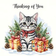 Cute American shorthair cat with holiday gifts and pinecones in winter scene  