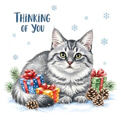 American wirehair cat lying among Christmas presents and pine cones in snow  
