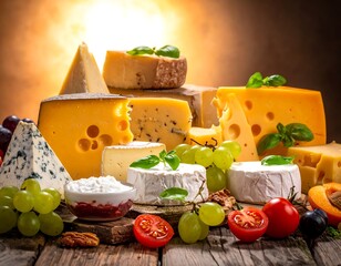 Assorted cheeses, fruits, and nuts arranged on a rustic wooden surface