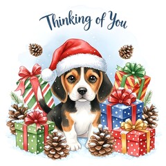 Cute beagle puppy wearing Santa hat with gifts and pinecones  