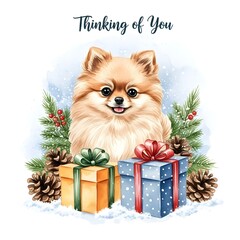 Pomeranian dog with Christmas gifts and pine decorations in winter  
