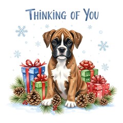 Cute Boxer dog surrounded by Christmas gifts with snowflakes and text Thinking of You