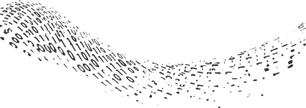Black binary code flowing in a wave pattern on a white background data digital technology