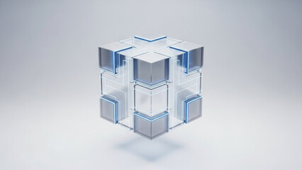 Futuristic crystal cube structure with blue glowing lines and transparent blocks