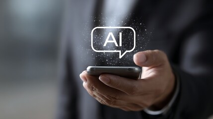 Awesome photo of businessman holding smartphone with artificial intelligence AI chat bubble icon graphic on dark background.