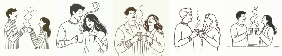 vector line art of couple drinking warm coffee together at Christmas