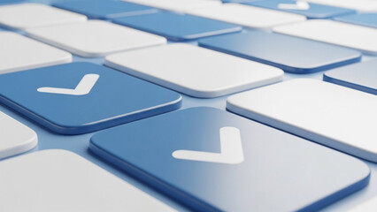 Close-up of blue and white keyboard keys with checkmarks