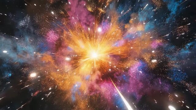 Cosmic explosion showcasing vibrant colors and swirling particles in deep space