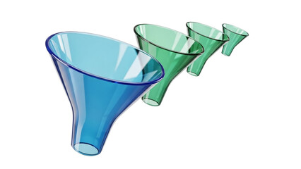 Set of colorful glass funnels for laboratory or industrial use