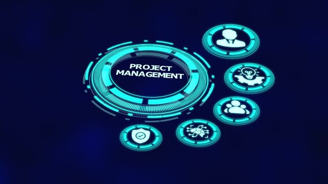 Project management workflow with digital dashboard interface, planning icons, task coordination and performance tracking system.