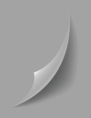 Curled paper corner. Curve page corner, page edge curl and bent paper sheet with realistic shadow. Paper corner fold isolated on white background