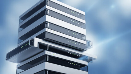 Modern server stack with glowing lights on blue background