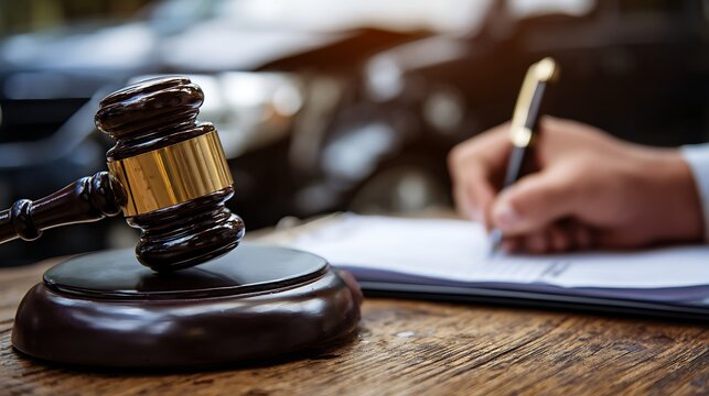 Awesome photo of gavel and lawyer signing settlement papers for vehicle accident insurance claim.