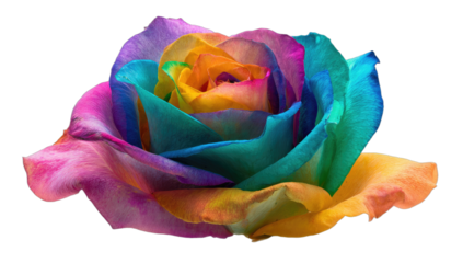 A vibrant, multi-colored rose with petals blending through a spectrum of hues