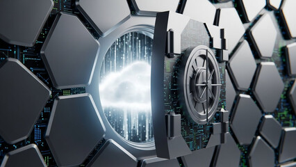 Secure data storage with futuristic vault door and honeycomb pattern