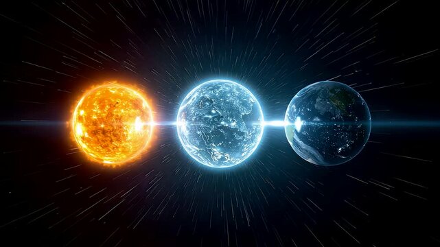 Three glowing celestial spheres showing fiery and icy energy states connected in deep space, cosmic physics concept with dramatic light contrast