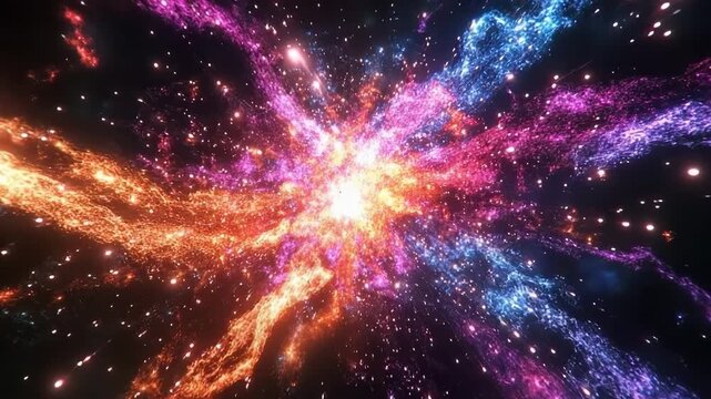 Cosmic explosion showcasing vibrant colors and swirling particles in deep space