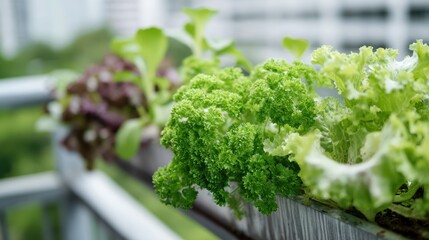 Urban balcony garden with fresh green and red lettuce growing in planters