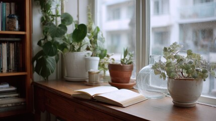 Fototapeta premium Open book on wooden table amidst indoor plants by window with soft natural light