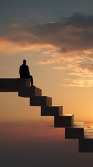 Awesome photo of silhouette of a man sitting on a floating staircase leading into a colorful sunset sky.