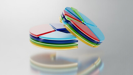 Vibrant 3D pie charts stacked dynamically on reflective surface