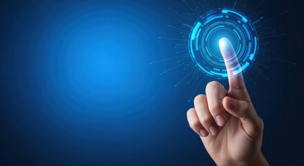 A finger touching a glowing blue digital interface, representing technology, innovation, and futuristic interaction