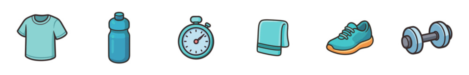 Fitness gym exercise equipment accessories collection for a healthy lifestyle and active workout routine, presented as cartoon icons.