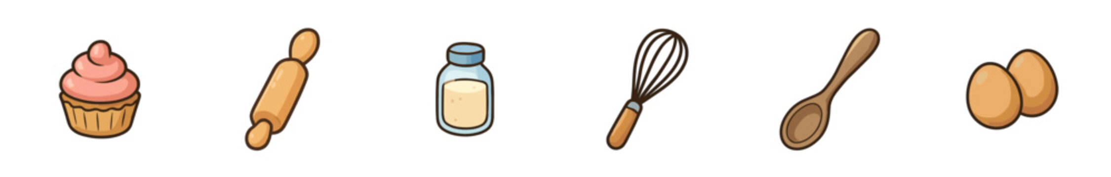Various baking ingredients and tools are neatly arranged in a colorful cartoon style, ready for creating delicious homemade desserts and pastries.