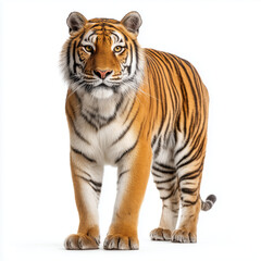 Obraz premium AI-generated image - Majestic tiger (Pantheratigris) standing isolated on a white background, looking directly at the camera. 