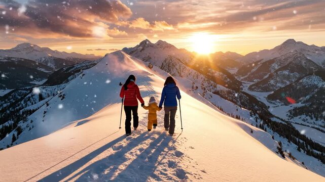 Family Hiking in Snowy Mountain Landscape