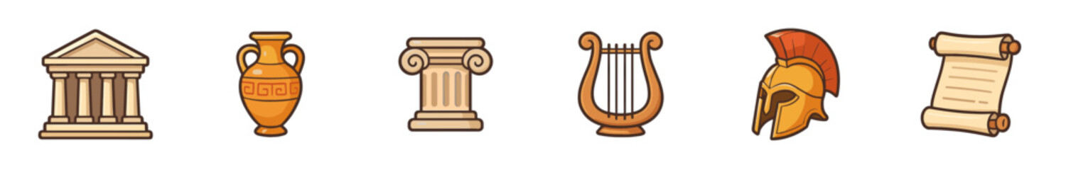 Obraz premium Ancient Greek and Roman historical cultural symbols set, including a temple, amphora, column, lyre, helmet, and scroll, depicted in a charming cartoon style.