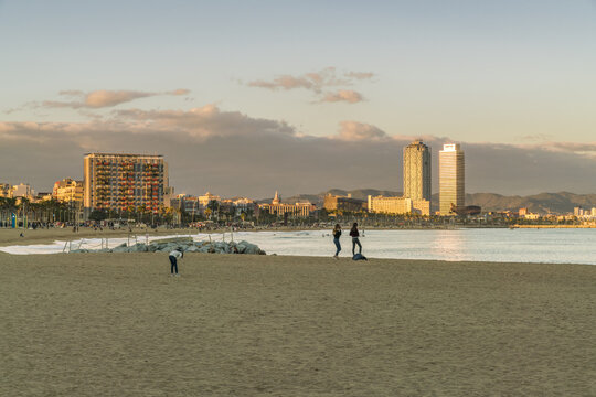 Barcelona, Spain - 06 November 2016: View of the golden beach meeting the glistening sea, framed by the iconic Hotel Arts and Torre Mapfre, with people enjoying the tranquil evening light..