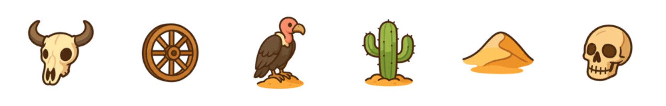 Desert and wild west themed icons, including a bull skull, wagon wheel, vulture, cactus, sand dune, and human skull, presented in a charming cartoon style.
