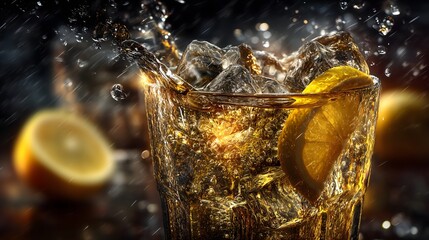 Citrus drink splashing over ice