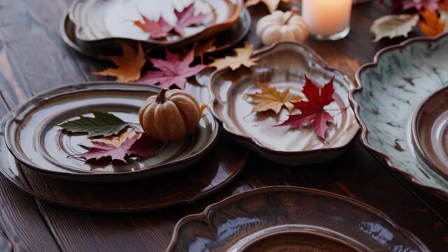 Autumn table setting with ceramic plates and candles. Colorful leaves and pumpkins decorate rustic dining atmosphere. Warm light creates cozy fall vibes.