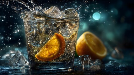 Citrus drink splashing over ice