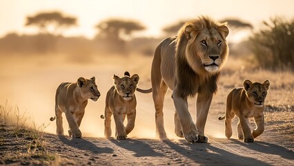 Majestic male lion leads his three cubs across the african savanna landscape