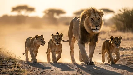 Majestic male lion leads his three cubs across the african savanna landscape © Nahida