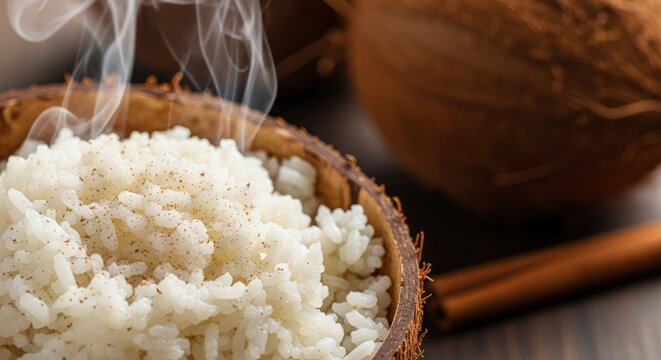 Creamy Comorian Riz Coco with Cinnamon in Coconut Shell Bowl and Copy Space