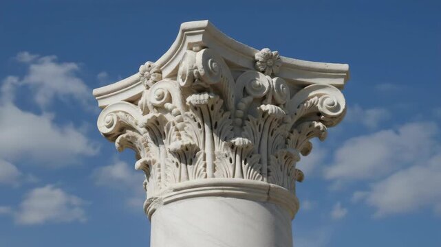 Ancient architectural column with Corinthian capital. Historic structure with detailed decoration under blue sky for travel and history concept.
