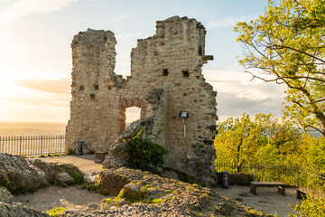 Historic Drachenfels castle ruin at Siebengebirge near Bonn on a sunny day