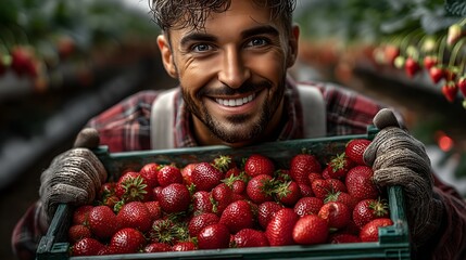 Smiling farmer with strawberries